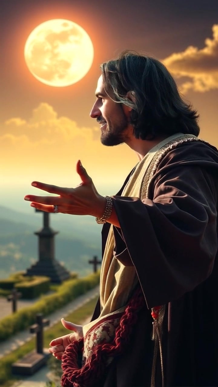 Subject: A person standing on a hill. Subject movement: The individual raises their hands as if addressing an audience. Scene: Overlooking a serene landscape with rolling hills and a tranquil lake in the distance, under a clear blue sky. Style: Warm afternoon light illuminating the scene with soft shadows. Motion: Camera slowly pushes in to capture the subject's expressive gesture, then gradually pans out to reveal the breathtaking surroundings.