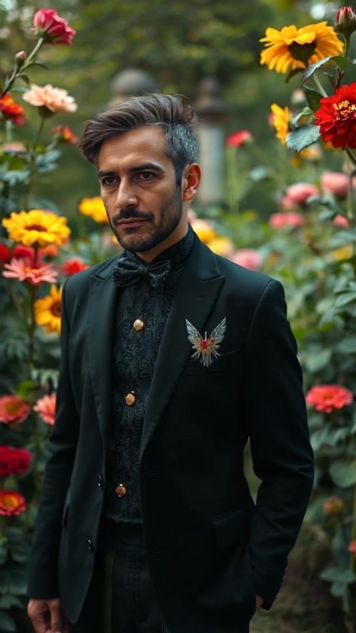 Subject: Omar standing amidst a lush garden filled with vibrant blooms. Subject movement: Omar gently sways side to side, admiring the beauty of the flowers around him. Scene: A colorful garden bustling with life, surrounded by a variety of blooming plants. Lighting: Soft, natural sunlight filtering through the leaves, creating dappled patterns on the ground. Motion: The camera performs a slow, sweeping dolly shot around Omar, capturing the vivid colors of the flowers as they sway gently in the breeze, conveying a serene and inviting atmosphere.