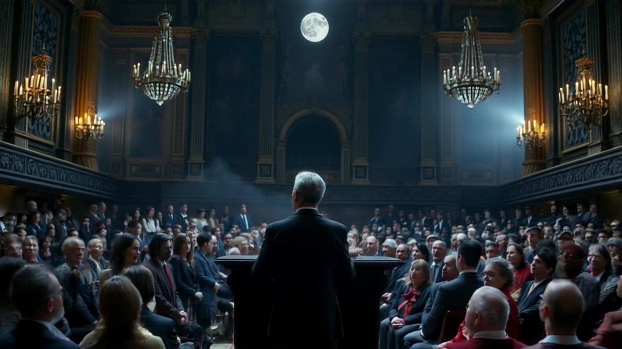 Subject: Omar stands confidently at a podium. Subject movement: He gestures passionately as he addresses the attentive audience in the grand hall. Scene: Ornately decorated grand hall filled with rows of seated listeners, golden light filtering through large windows, creating a warm atmosphere. Motion: Camera begins with a close-up of Omar as he speaks, then slowly pans out to reveal the audience, capturing their engaged expressions and reactions in a smooth, fluid movement.