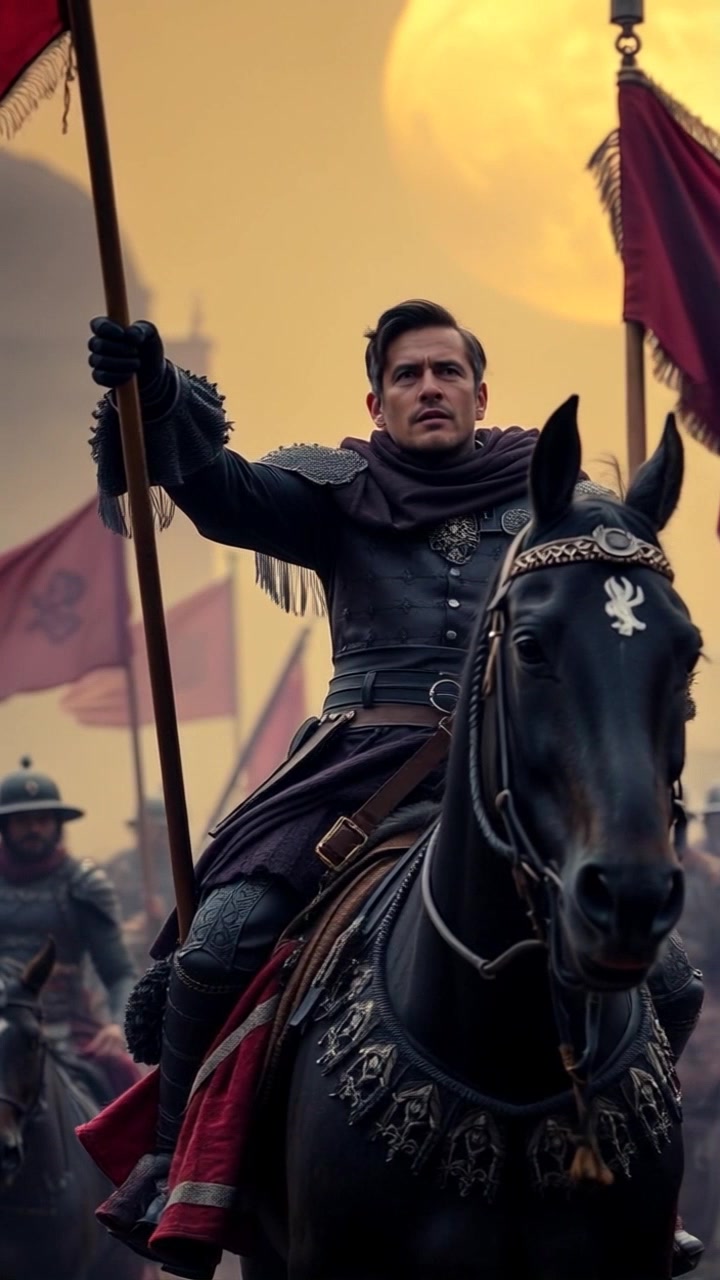 Subject: A determined leader on horseback, passionately rallying his soldiers. Subject movement: The horse is rearing slightly as the leader gestures energetically with his sword, motivating the troops around him. Scene: A war preparation scene in an open battlefield, with soldiers standing in formation, shields raised, and banners flapping in the wind. Style: Dramatic lighting with shadows that enhance the tension of the moment, evoking an atmosphere of resolve and urgency. Motion: The camera performs a dramatic panning shot, capturing the leader's fierce expression and the eager anticipation of the soldiers, conveying a powerful sense of unity and readiness.