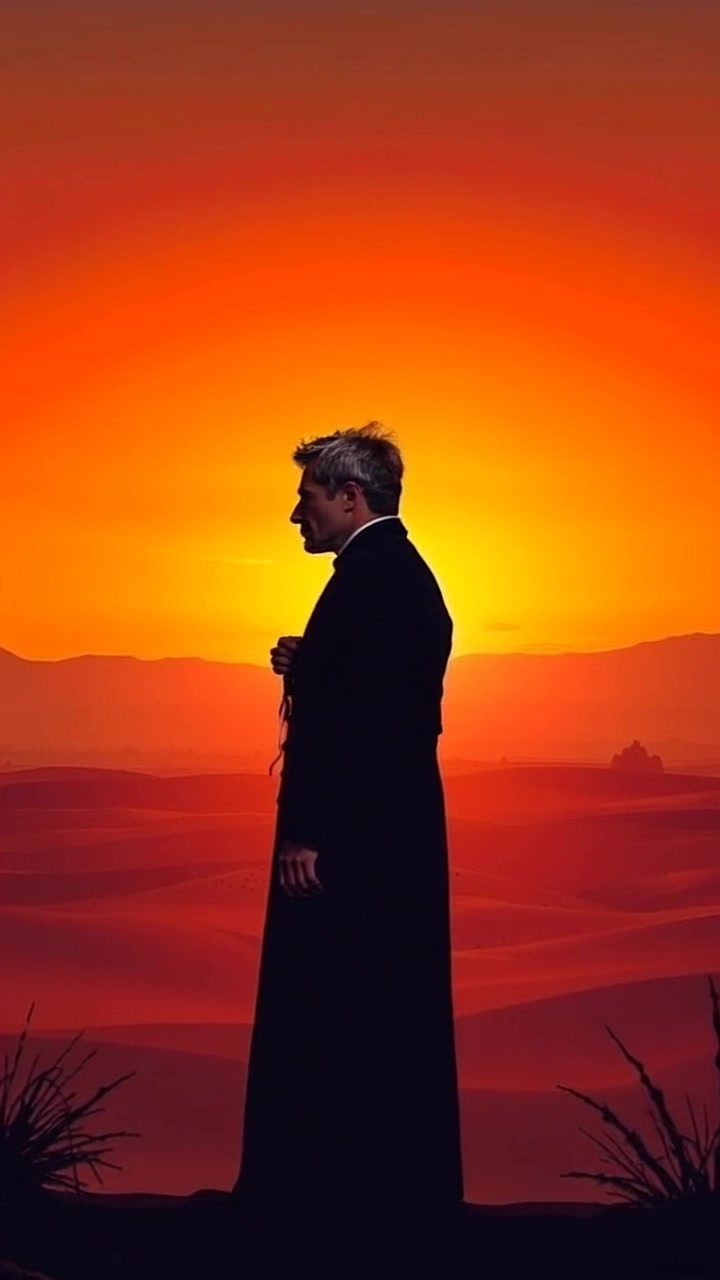 Scene: A silhouette of a figure standing against a vast desert landscape at sunset, the sky ablaze with hues of orange and purple. Style: Warm, dramatic sunset lighting creates a striking contrast with the dark figure, evoking a sense of adventure and isolation. Motion: The camera slowly pushes in toward the silhouette, capturing the expansive desert in the background as the sun dips below the horizon.