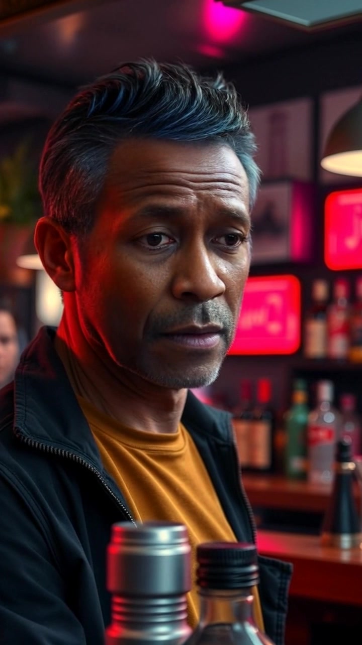 Subject: A concerned bartender behind the bar. Subject movement: The bartender glances around nervously, shifting their weight from one foot to the other. Scene: A dimly lit bar environment, bottles lining the shelves, with shadows playing across the surfaces. Style: Soft, ambient lighting with a hint of tension in the air. Motion: The camera performs a slow push in towards the bartender's face, capturing the subtle expressions of concern as they scan their surroundings, with a gentle focus on the flickering bar lights.