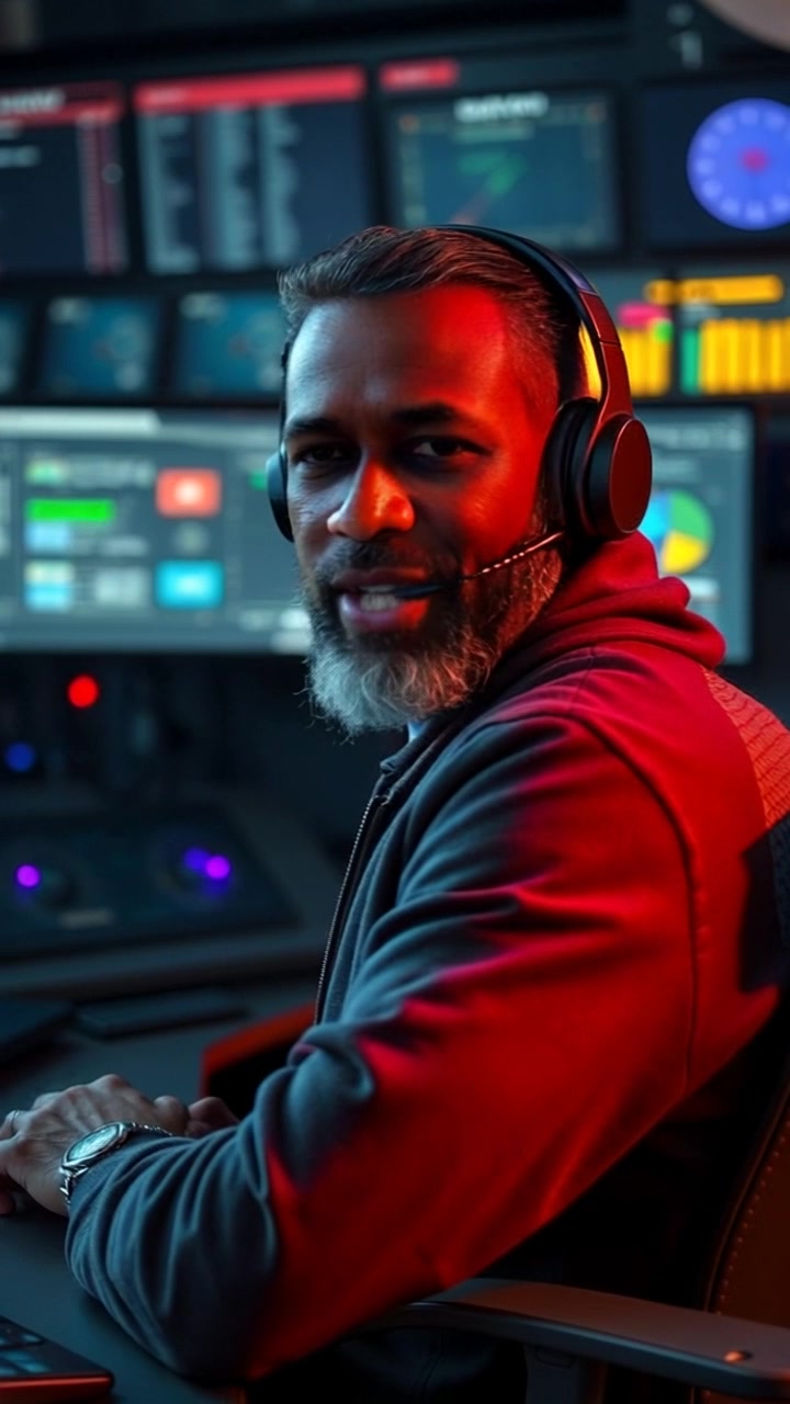 Subject: A focused individual seated at a control desk, intently monitoring multiple screens and speaking into a headset. Scene: A dimly lit control room filled with flickering screens and high-tech equipment. Style: Ambient lighting with highlights from the screens creating a subtle, tech-savvy atmosphere. Motion: Camera slowly pushes in from an overhead angle, capturing the individual’s expressions and gestures as they manage the complex setup.