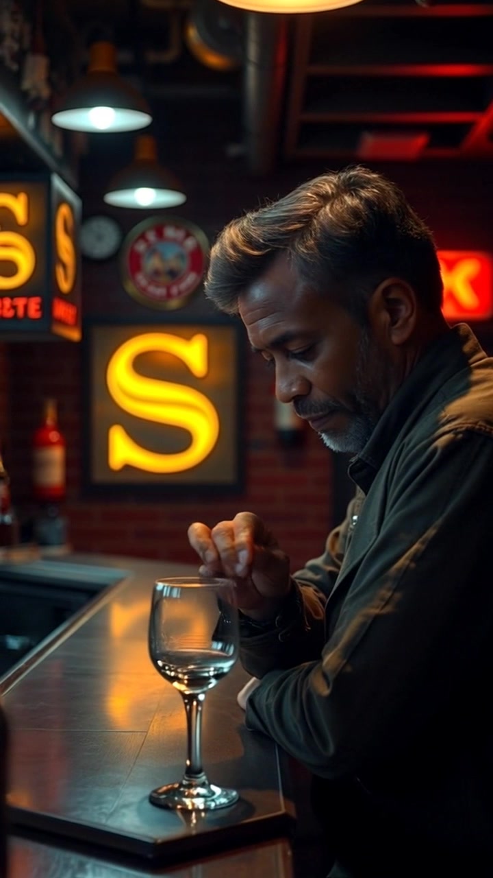 Scene: A dimly lit bar featuring a focused bartender standing behind the counter, polishing a glass with care. Style: Warm, intimate lighting creating a cozy atmosphere, with soft shadows enhancing the bar's character. Motion: Camera slowly pushes in towards the bartender, capturing the details of glassware and the subtle movements of the bar environment, while the sound of soft jazz plays in the background.