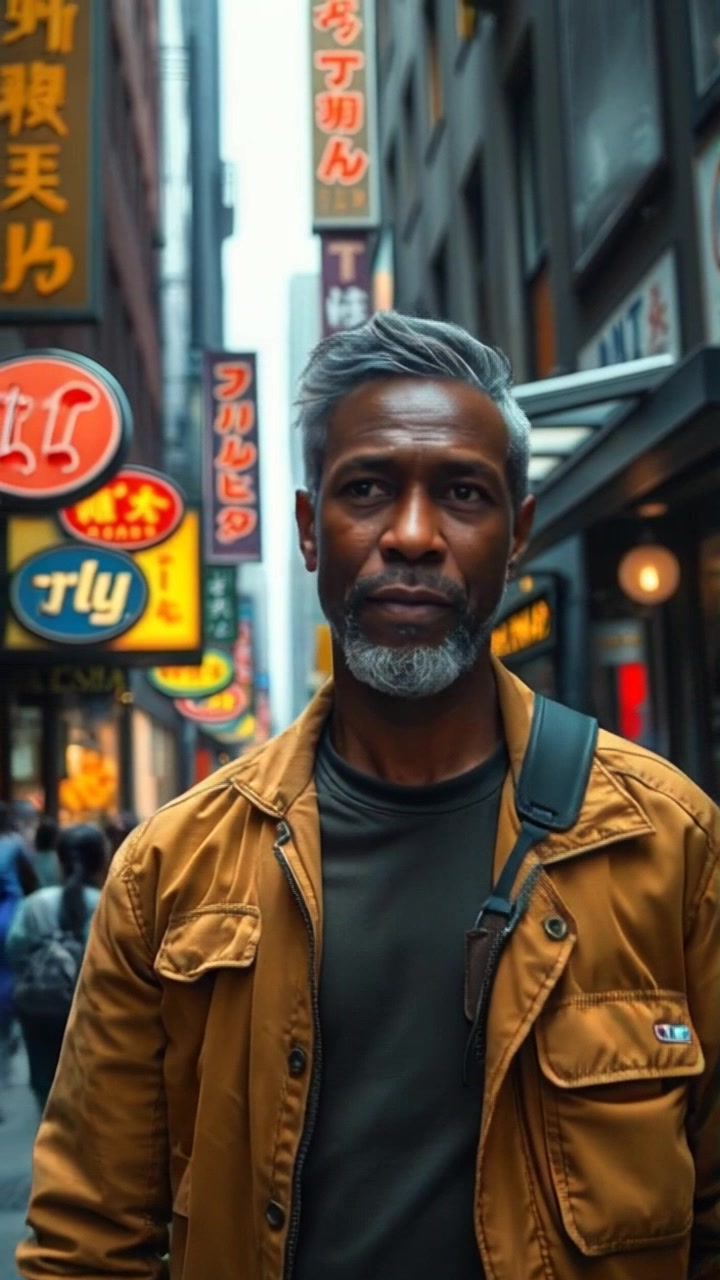 Subject: Kwame walking through a bustling city street. Subject movement: Kwame strides confidently, weaving through the crowd. Scene: A vibrant city street filled with shops and pedestrians, all animated with life. Style: Bright daylight illuminating the scene, casting lively shadows across the pavement. Motion: The camera tracks alongside Kwame, smoothly following his progress through the throng, capturing the energy and rhythm of the urban environment.