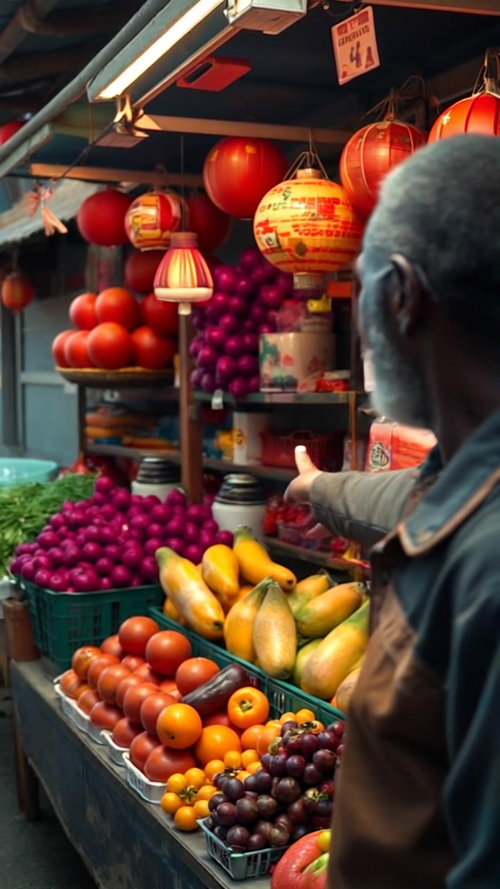 Subject: Kwame at his bustling market stall, surrounded by colorful fruits and vegetables. Subject movement: Kwame gestures enthusiastically, inviting customers to explore his vibrant array of produce. Scene: A lively outdoor market setting filled with various colorful fruits and vegetables under a bright blue sky. Style: Morning light casts a fresh glow on the produce, enhancing their vivid colors. Motion: The camera smoothly pans across the stall, capturing the vibrant atmosphere and detailed textures of the fruits and vegetables, while focusing on Kwame's engaging presence.