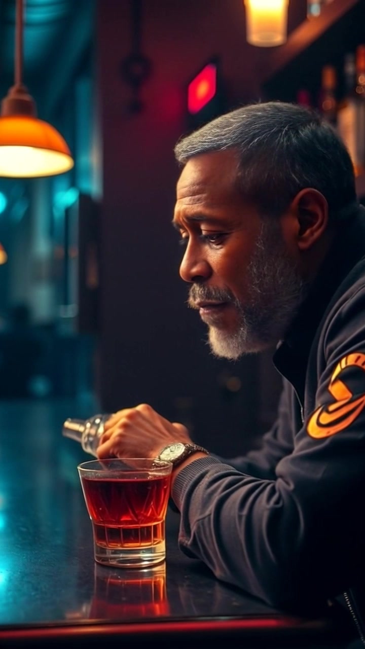 Subject: A contemplative figure sitting at a dimly lit bar, holding a glass of whiskey. Subject movement: The figure shifts slightly in their seat, gazing thoughtfully into the distance as the ambient sounds of the bar softly envelop them. Scene: A cozy bar setting with warm, muted lighting casting deep shadows across the counter and walls, creating an intimate atmosphere. Motion: The camera gradually pushes in from a wide shot to focus on the figure, gently capturing the details of their expression and the surrounding decor, while maintaining a serene and reflective ambiance.