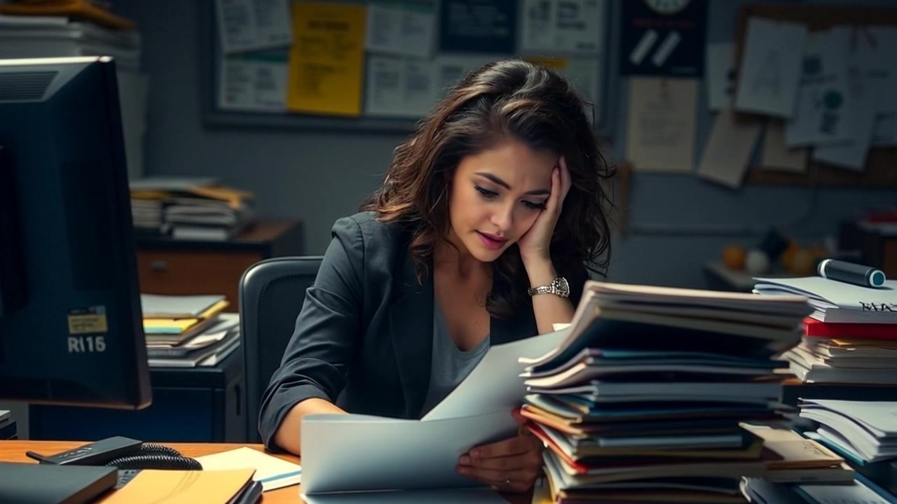 Subject: A frustrated individual named Maya sitting at a cluttered desk. Subject movement: Maya shifts in her chair, rubbing her temples in exasperation as she glances at the chaotic paperwork around her. Scene: A cluttered workspace filled with stacks of paper, a glowing computer screen, and random office supplies scattered around. Style: Soft, indoor lighting creating a cozy yet chaotic atmosphere. Motion: The camera gently pans in from a wider shot of the messy desk, focusing on Maya's expression as she reacts to the overwhelming workload.