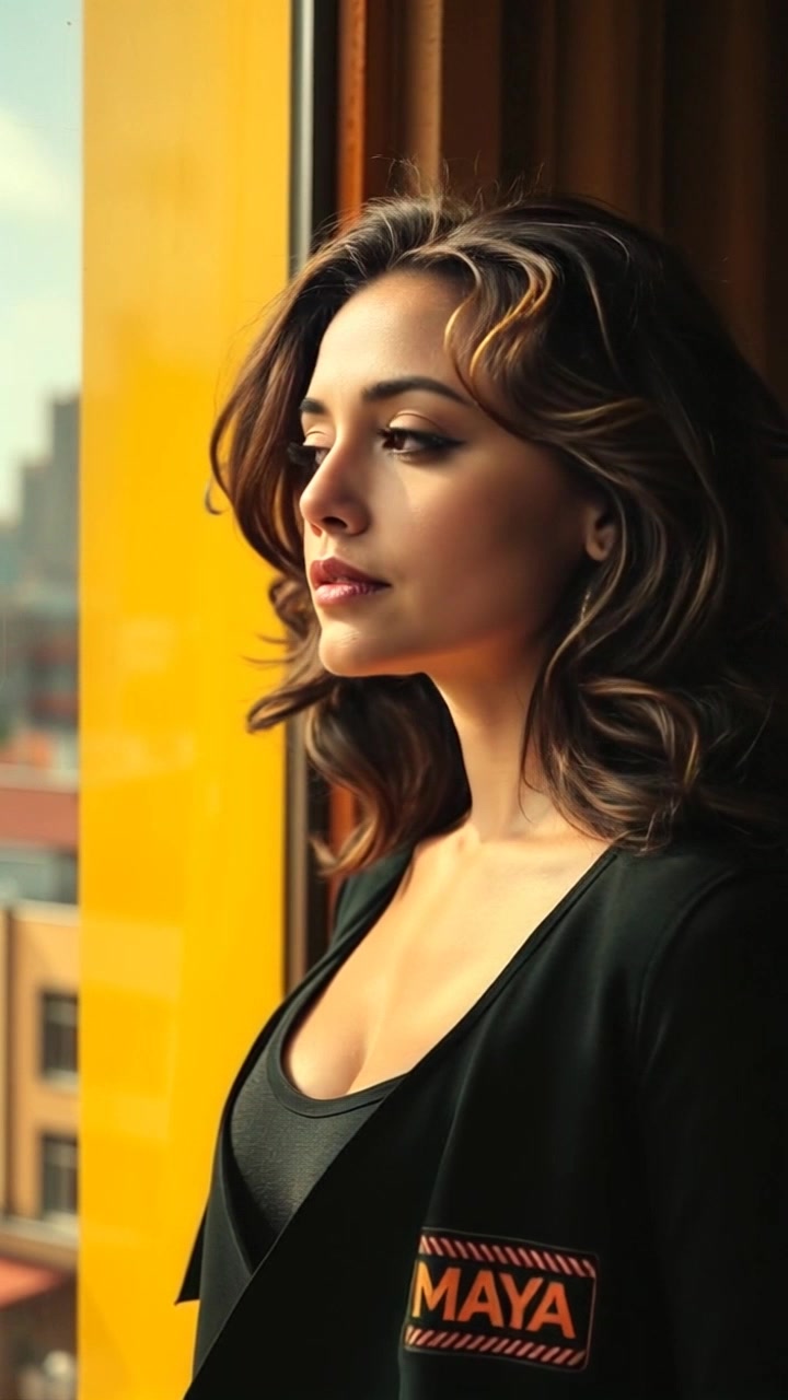 Subject: A woman standing by a window, looking contemplative. Subject movement: She gently shifts her gaze from the window to the room, reflecting a moment of introspection. Scene: An intimate interior setting with soft natural light filtering through the sheer curtains, casting delicate shadows on her face. Style: Warm morning light enhancing the serene atmosphere. Motion: Camera executes a slow push-in, allowing for a close-up of her thoughtful expression, as the shadows gently dance across her features.