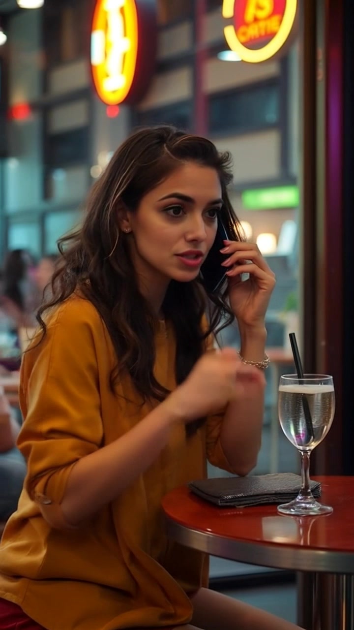Subject: Maya sitting at a small table in a cozy café. Subject movement: She gestures animatedly while speaking hurriedly on her phone. Scene: A bustling café filled with patrons, bright café interior with colorful artwork on the walls. Style: Natural light streaming through large windows, creating a warm and inviting atmosphere. Motion: Camera slowly pushes in from the entrance of the café, capturing the lively ambiance, before focusing on Maya's expressive conversation.