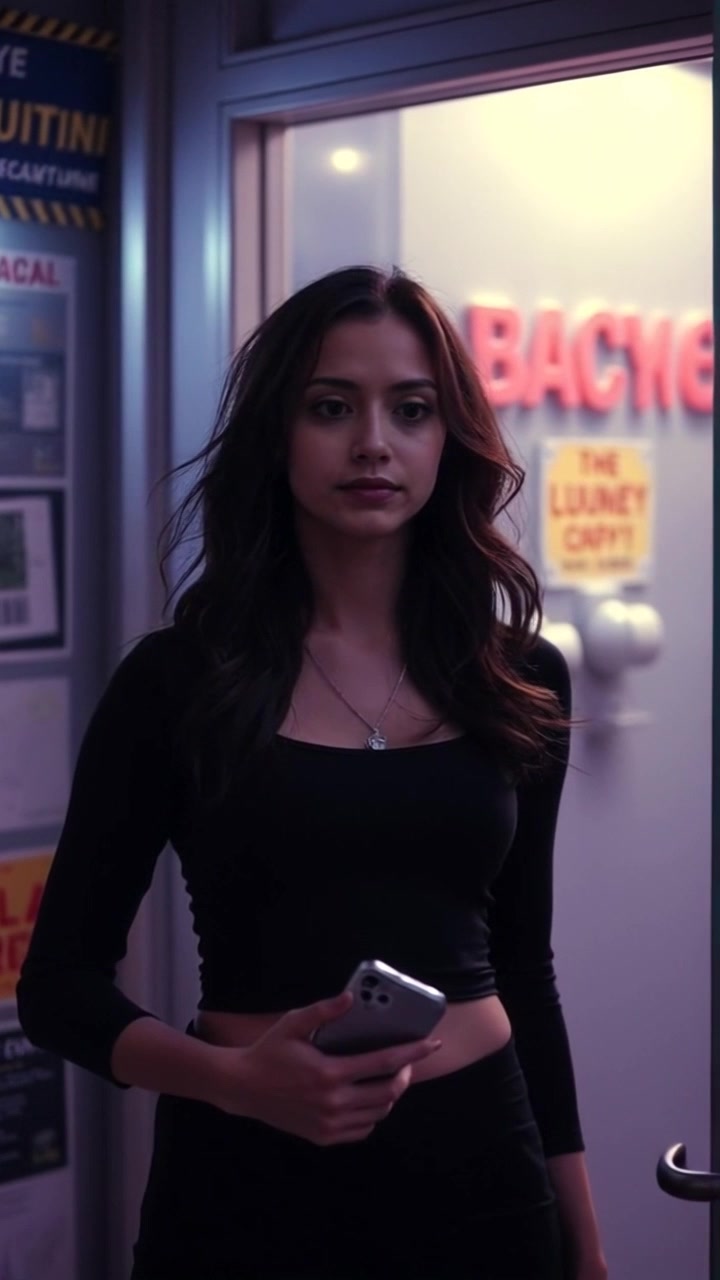 Subject: Maya standing in a dimly lit room, looking anxious with a phone in her hand. Scene: The room is sparse, with shadows creating a tense atmosphere. Motion: Camera slowly pushes in on Maya's face to capture her expression as she grips the phone tightly, with soft, ambient lighting casting over her features, evoking a feeling of urgency.