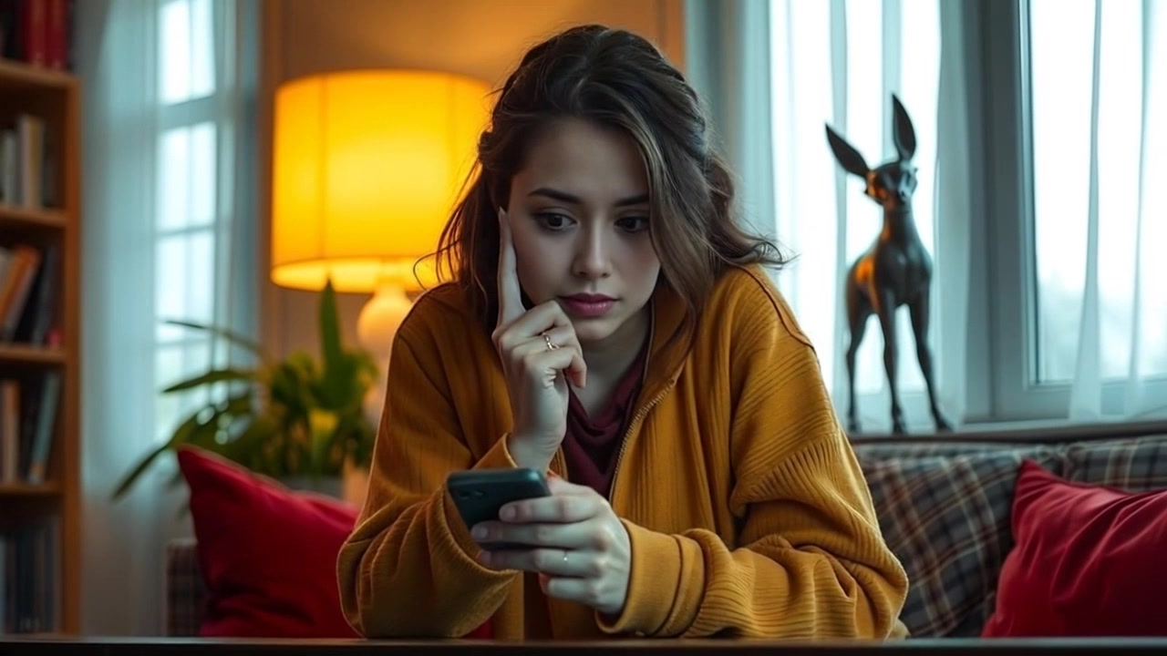 Subject: A young woman sitting in a cozy living room, glancing at her phone with a worried expression. Subject movement: She shifts slightly in her seat, biting her lip in concern. Scene: A warmly lit living room with plush furniture and soft, inviting decor. Camera: A close-up shot that zooms in slowly on her face, capturing the subtle anxiety in her expression, while soft ambient light bathes the space in a comforting glow.