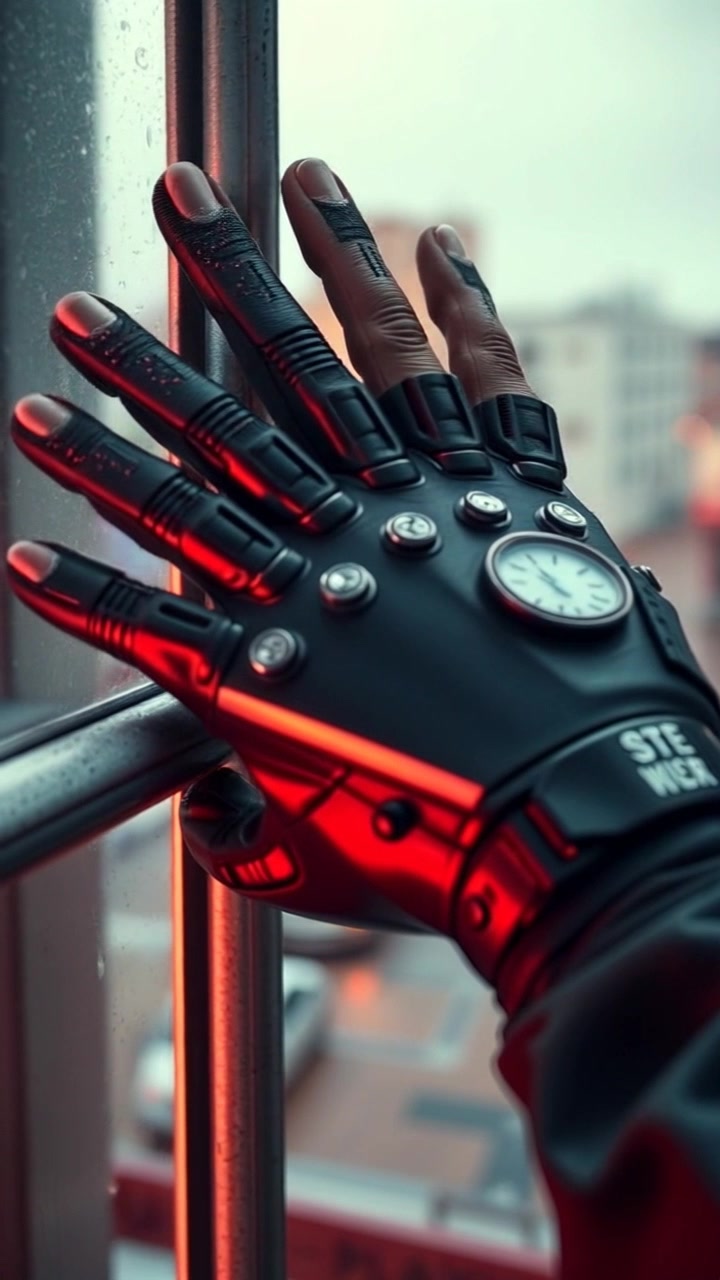 Scene: A close-up of a titanium-gloved hand gripping a window frame, showcasing intricate details of the glove and the texture of the window. Style: Soft ambient lighting enhances the metallic sheen of the glove and creates gentle shadows around the window. Motion: The camera slowly pushes in on the hand, capturing the tension in the grip while emphasizing the reflections in the glass.