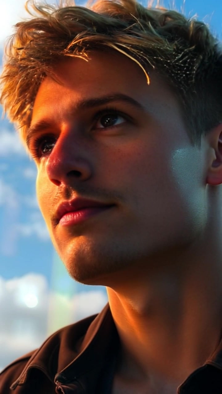 Subject: A young man gazing thoughtfully at the sky, with a reflective expression hinting at longing. Scene: An outdoor setting with a bright blue sky and soft, fluffy clouds surrounding him. Lighting: Soft, natural light illuminating his face, enhancing the emotional depth of the moment. Motion: The camera slowly pushes in, capturing the subtle changes in his expression as he contemplates.