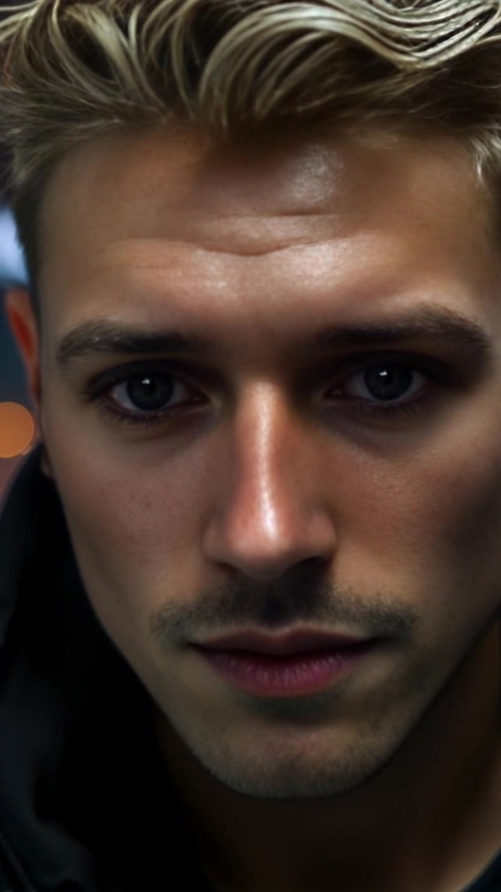 Scene: A close-up shot of a young person's face, focusing on their striking blue eyes filled with apprehension. Style: Soft, diffused lighting accentuating the subtle emotions on their face. Motion: The camera performs a slow push-in, gradually tightening on their eyes, capturing a sense of tension and anticipation.