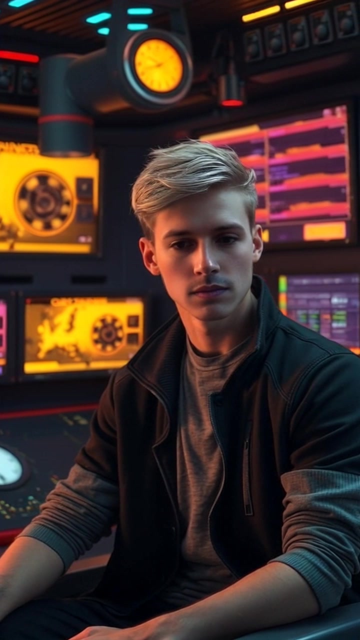 Subject: A person sitting in a high-tech control room, surrounded by multiple screens. Subject movement: The person shifts uneasily in their seat, glancing between screens with a concerned expression. Scene: High-tech control room filled with glowing monitors and buttons, accentuated by shadows and reflections from the screens. Style: Ambient lighting with a slight blue hue, enhancing the futuristic atmosphere. Motion: Camera slowly pans around the control room, capturing the various screens and the person's tense demeanor, while soft lighting creates a dramatic ambiance.