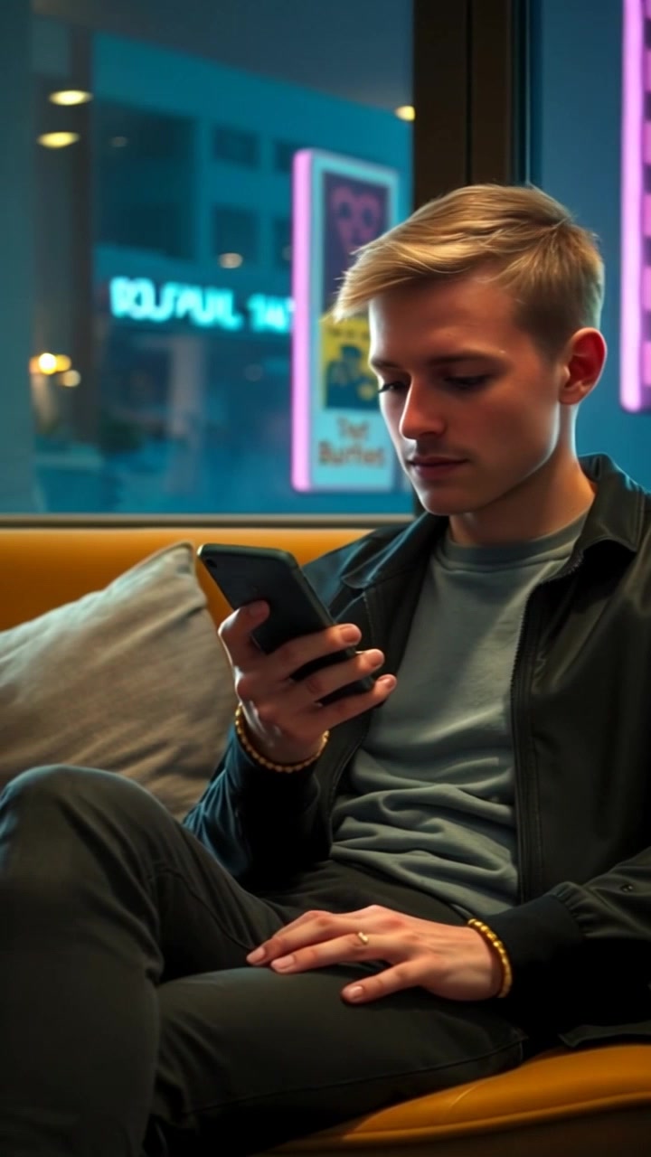 Subject: A person seated on a couch, appearing distracted by their phone while another conversation is happening nearby. Subject movement: The person occasionally glances up from the phone, shifting their focus briefly before returning to the screen. Scene: Cozy living room setting with soft furniture and warm, inviting decor. Style: Ambient lighting that enhances a relaxed atmosphere. Motion: The camera smoothly pans around the room, capturing both the person's expressions and the interactions happening around them.