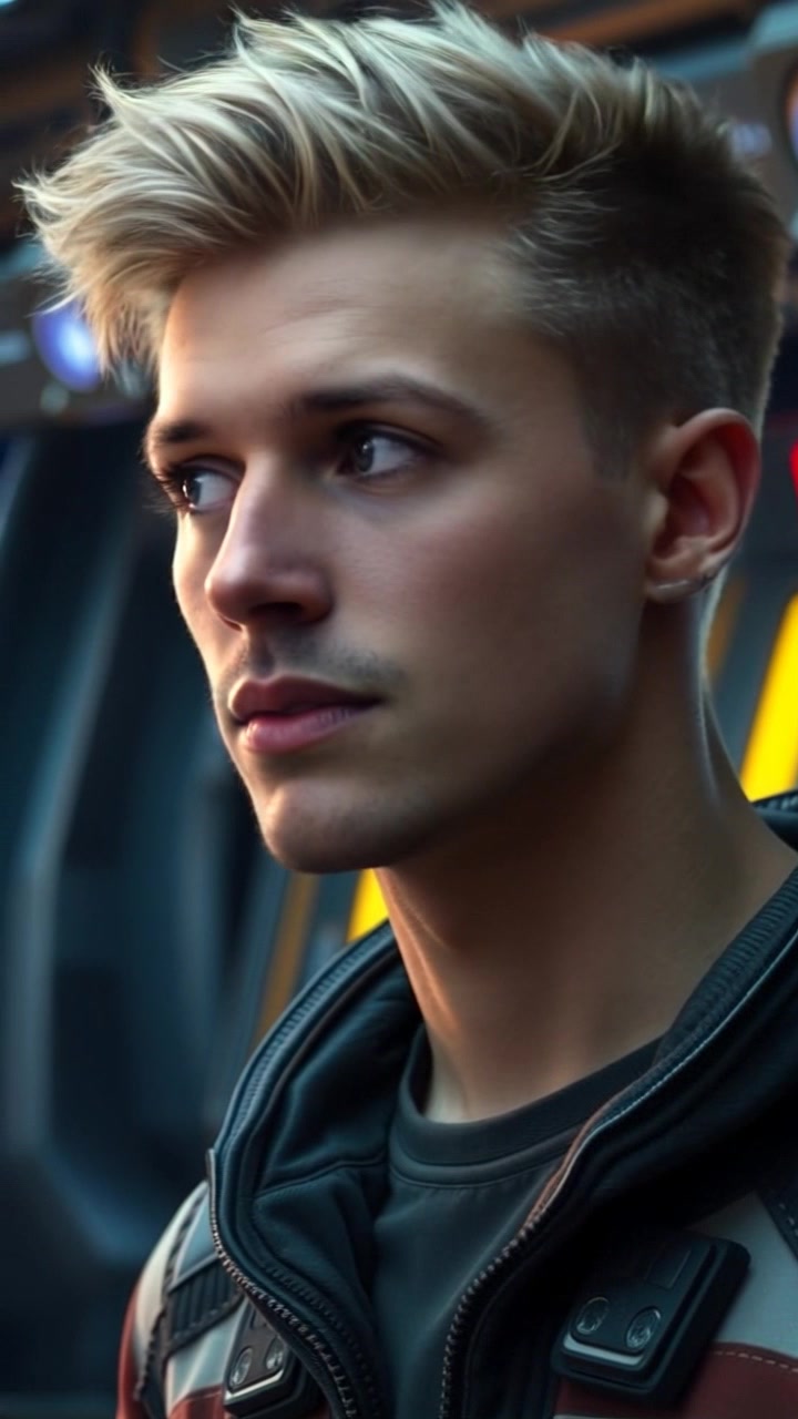 Scene: A serene, futuristic spaceship interior, featuring large windows with a breathtaking view of distant stars and planets. Style: Cool, ambient lighting that emphasizes the vastness of space, casting soft shadows on the sleek metallic surfaces. Motion: The camera slowly zooms in on Ryan's thoughtful expression, capturing the nuances of his contemplation as he gazes out into the cosmos.