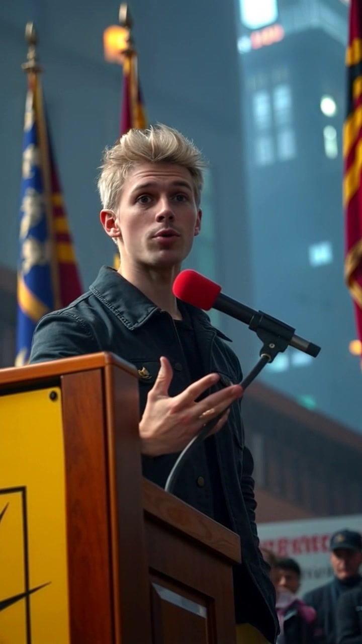 Subject: Ryan confidently addressing a crowd from the podium, gesturing emphatically as he speaks. Scene: A vibrant auditorium filled with an engaged audience, national flags featured prominently in the background. Style: Bright, ambient lighting emphasizing a hopeful atmosphere. Motion: Camera tracks in smoothly from a wide shot to a medium close-up of Ryan, capturing the enthusiasm of his delivery as he connects with the audience.