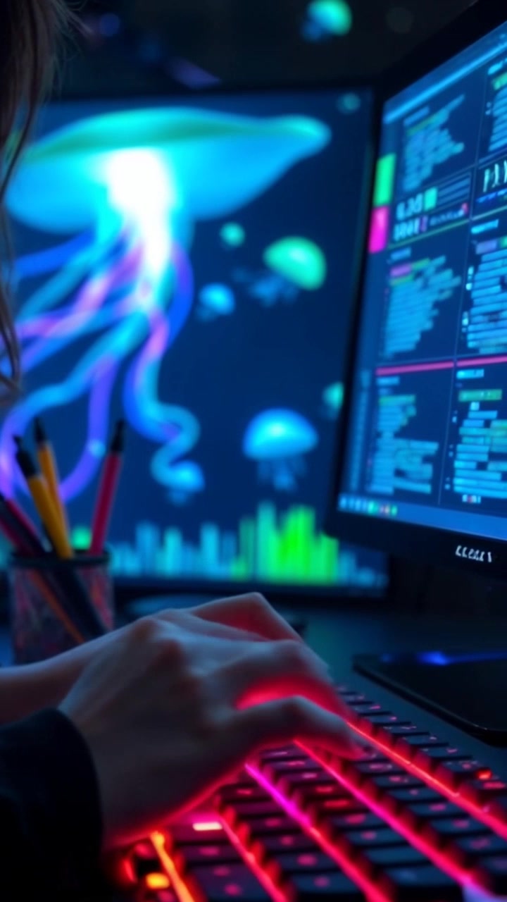 Subject: A hand typing frantically on a keyboard. Scene: Close-up shot of a hand on a modern keyboard, illuminated by the glowing screen filled with streaming data. Style: Ambient lighting with a cool, high-tech feel, creating an intense and focused atmosphere. Motion: The camera zooms in tightly on the fingers as they move quickly across the keys, with rapid cuts to the screen displaying the flowing data.