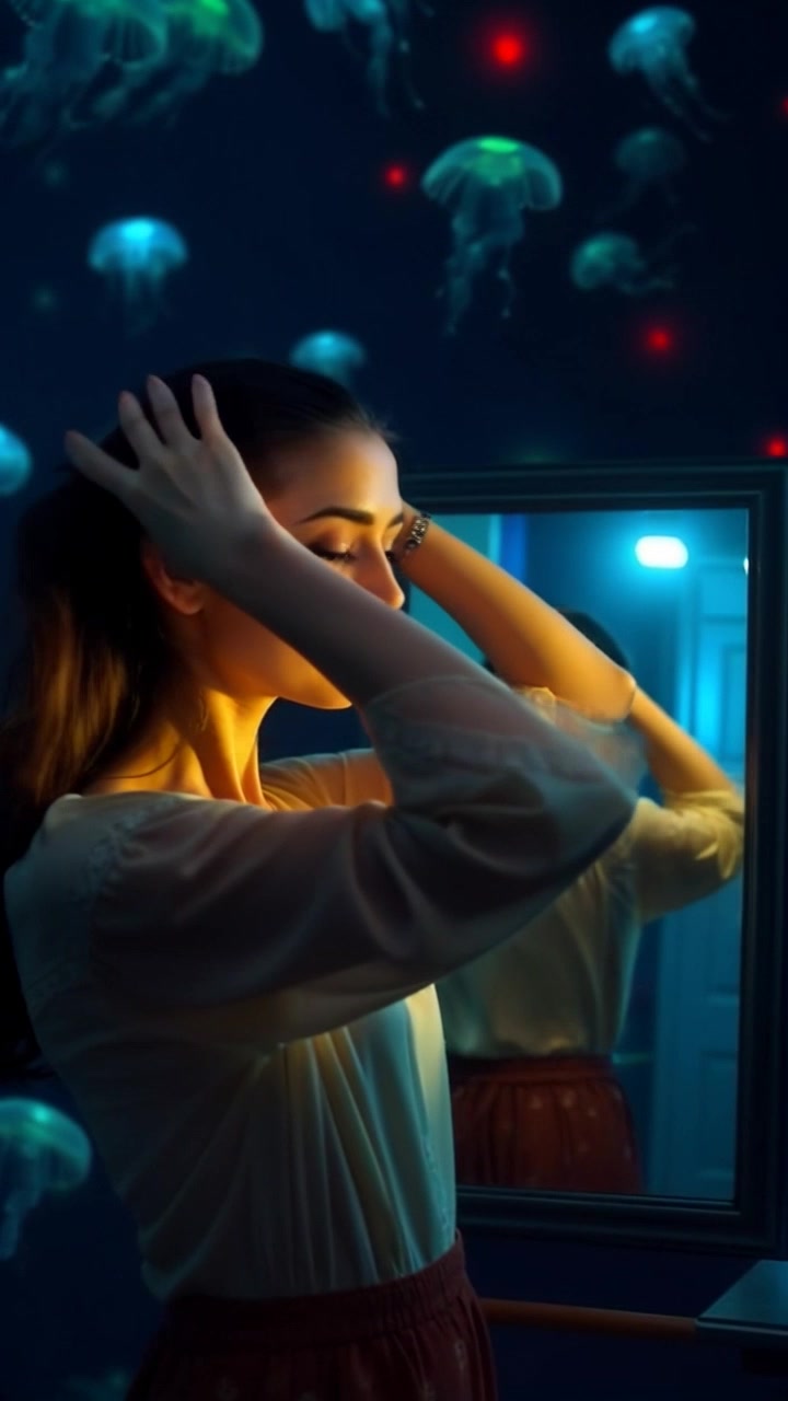 Subject: A young woman standing in front of a mirror, adjusting her hair with a contemplative expression. Subject movement: She moves her hands delicately through her hair, glancing at her reflection with uncertainty. Scene: A cozy bedroom with soft colors, a stylish mirror reflecting the warm light. Style: Soft morning light creates a gentle, inviting atmosphere, while the camera slowly pushes in on her expression, capturing the subtle shifts in her demeanor as she weighs her thoughts.