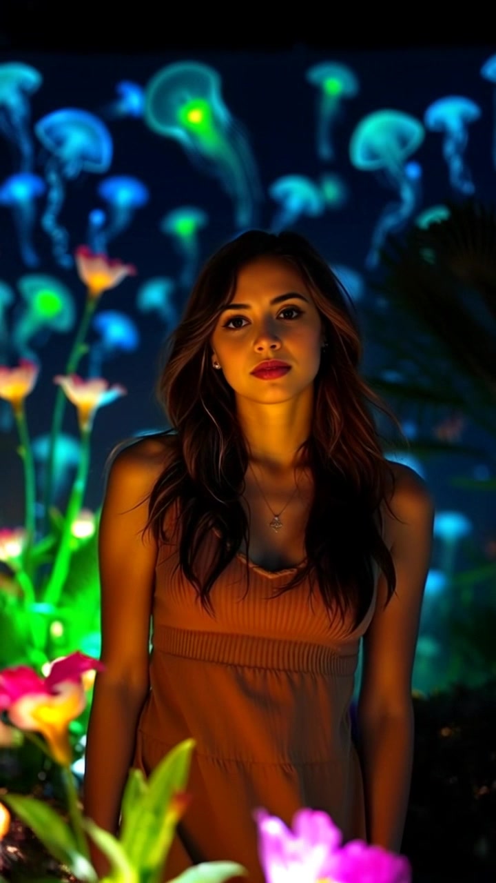Subject: Maya standing quietly in a sunny garden. Subject movement: Maya gazes thoughtfully as flowers bloom vibrantly around her. Scene: A beautiful garden filled with colorful flowers and greenery, bathed in warm sunlight. Style: Bright, natural light creating an inviting ambiance. Motion: The camera slowly pushes in toward Maya, capturing her expression and the surrounding blossoms swaying gently in the soft breeze.