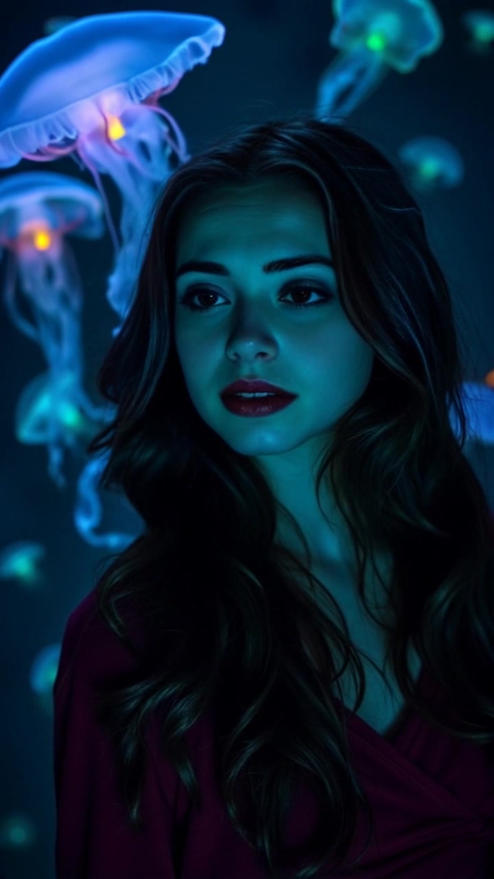 Subject: A young woman with a worried expression. Scene: Maya stands still in her cozy, softly lit bedroom filled with personal items. Style: Warm, inviting light emanates from a bedside lamp, creating a comforting yet tense atmosphere. Motion: Camera gently pushes in on Maya's face, capturing her concerned expression, while the background remains slightly blurred to emphasize her emotional state.