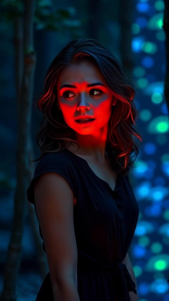 Subject: A young woman named Maya looking worried. Subject movement: She shifts nervously on her feet, glancing around the dense forest. Scene: A thick forest surrounded by towering trees, dappled sunlight filtering through the leaves, casting playful shadows on the ground. Style: Soft, diffused lighting creating a mysterious and tense atmosphere. Motion: The camera performs a slow, dramatic push-in toward Maya, accentuating her anxious expression as the forest looms around her.