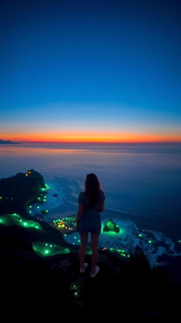 Subject: A woman standing alone on a hilltop, gazing out over the horizon. Subject movement: She turns slightly to embrace the sunset, her hair gently swaying in the breeze. Scene: A breathtaking sunset view from a hilltop, with vibrant hues of orange and purple casting a warm glow over the landscape. Style: Soft, golden-hour lighting highlighting the contours of the hills and the woman's silhouette. Motion: The camera smoothly pulls back to reveal the expansive view, capturing the tranquil atmosphere and the dramatic colors of the sky.