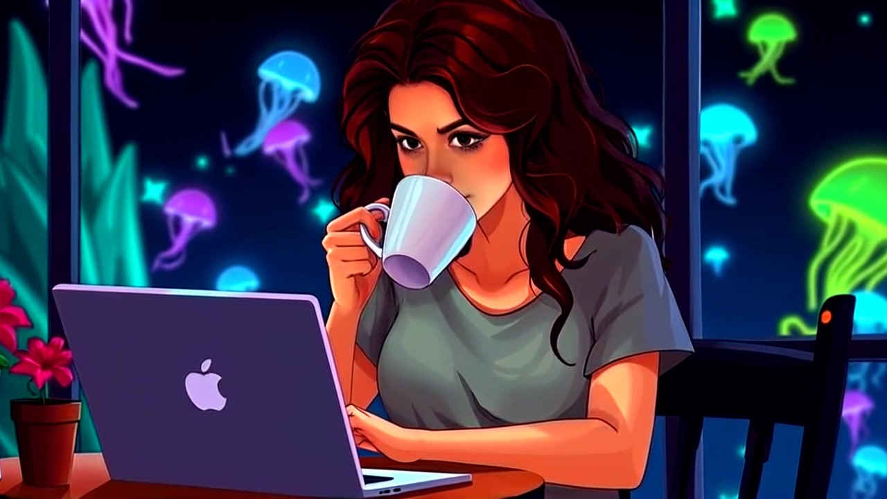 Subject: A young woman focused on her laptop. Subject movement: She takes a sip of her coffee, then types intently on the keyboard. Scene: A cozy café with warm, inviting decor, sunlight filtering through large windows. Style: Soft morning light casting gentle shadows and creating a relaxed ambiance. Motion: The camera slowly pushes in on the woman at the table, capturing her deep concentration as the background softly blurs, enhancing her solitude in the bustling café.