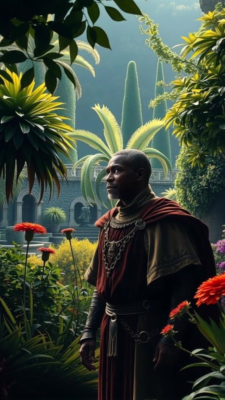 Subject: Kwame standing alone in a serene garden, surrounded by lush greenery, pondering thoughtfully. Subject movement: Kwame shifts his weight slightly as he contemplates, creating a sense of stillness connected to the environment. Scene: The tranquil garden filled with vibrant plants and soft, flowering shrubs. Style: Soft morning light filtering through the leaves, casting gentle shadows on the ground. Motion: A slow, smooth dolly in towards Kwame, capturing his serene expression while the surrounding foliage subtly sways in the light breeze.