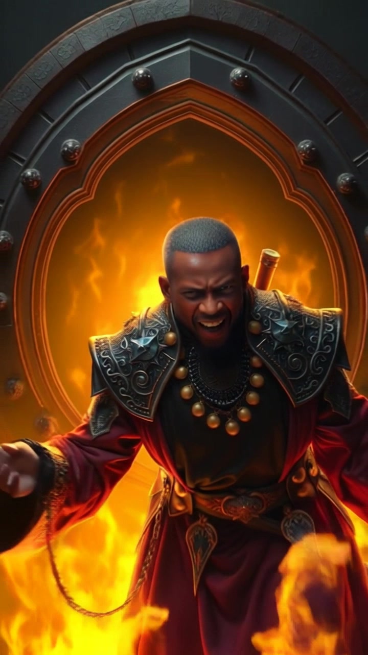 Subject: The Kwame emerges from an ominous, swirling portal, cackling menacingly. Subject movement: The Kwame steps forward with an exaggerated, theatrical gait, his expression fierce and intent. Scene: A dark, mystical landscape surrounding the portal, shrouded in fog and eerie shadows. Style: Dim lighting accentuates the supernatural elements, casting long shadows and creating an unsettling atmosphere. Motion: The camera performs a dramatic push in towards the Kwame as he steps out, heightening the tension, while the portal churns energetically in the background.