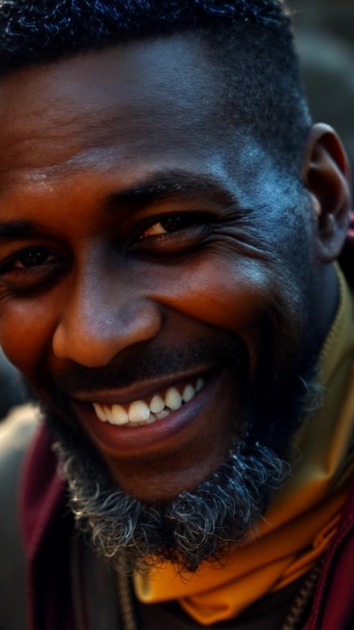 Subject: A man with a dark gray beard, smiling wearily. Scene: Close-up of his face, reflecting a moment of both exhaustion and contentment while surrounded by a softly blurred background of warm, ambient light. Motion: The camera gently pushes in to capture the intricate details of his expression, accentuating the lines of age and joy as the soft lighting bathes his face in a warm glow.