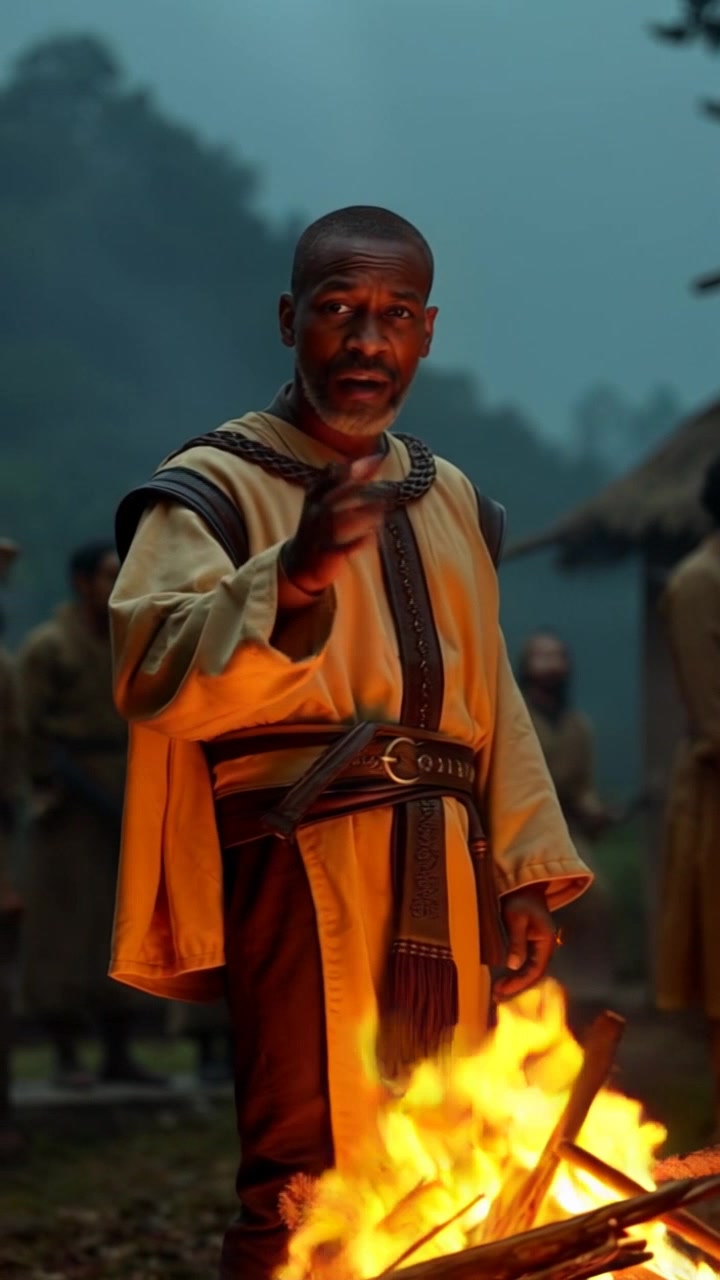 Subject: A person passionately speaking to a group. Subject movement: The speaker gestures animatedly, engaging the villagers around the fire with an expression of enthusiasm. Scene: A warm night in a village setting, surrounded by trees and dimly lit by the flickering firelight that casts dancing shadows. Style: The scene is illuminated by the glow of the fire, creating a cozy and inviting atmosphere. Motion: The camera begins with a close-up of the speaker, then smoothly pulls back to reveal the captivated audience, capturing their reactions and the intensity of the moment.