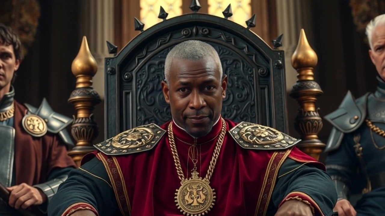 Subject: A regal figure seated confidently on a lavish throne. Subject movement: The figure maintains a strong, imposing posture while occasionally gesturing to advisors seated nearby. Scene: A grand chamber filled with ornate decor, opulent fabrics, and intricate carvings, creating a majestic atmosphere. Style: Soft, ambient lighting emanates from golden sconces, enhancing the richness of the surroundings. Motion: The camera slowly pushes in towards the throne, showcasing the intricate details of the figure's attire and the advisors' attentive expressions.