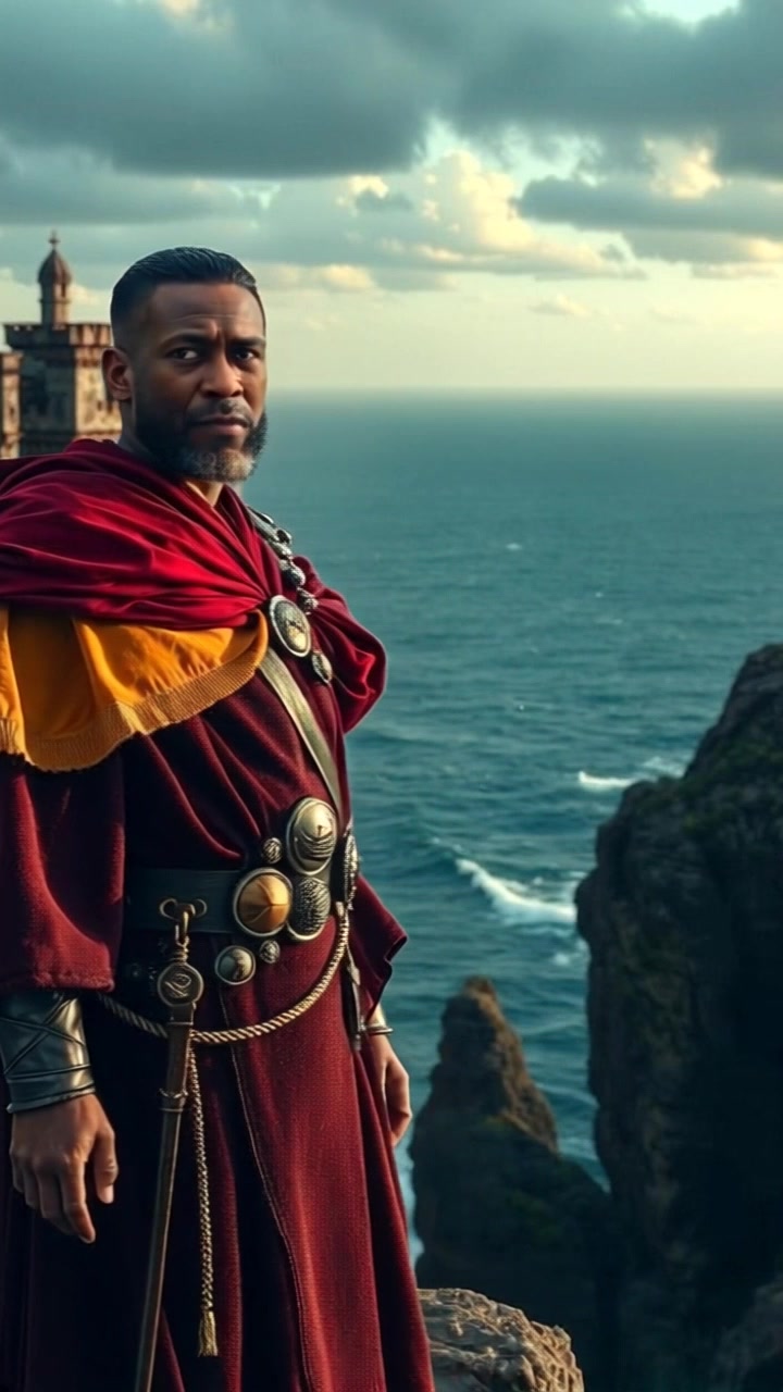Scene: The Kwame standing on a cliff, confidently gazing out over the vast ocean, waves crashing against the rocks below. Style: Bright, midday lighting reflecting off the water's surface, enhancing the vivid colors of the landscape. Motion: Camera begins with a closeup of the Kwame, slowly pulling back to reveal the dramatic cliff and expansive sea, creating a breathtaking panoramic view.