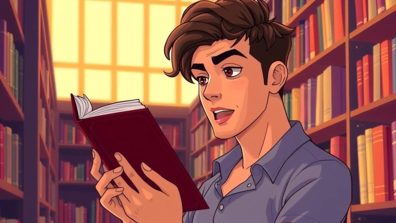 Subject: A person reading a book in a library. Subject movement: The person leans back slightly, holding the book far away from their face, occasionally turning pages. Scene: A cozy library filled with tall bookshelves, bathed in warm, ambient lighting. Motion: The camera performs a gentle push-in towards the reader, emphasizing their focused expression and the surrounding shelves, creating an inviting atmosphere.