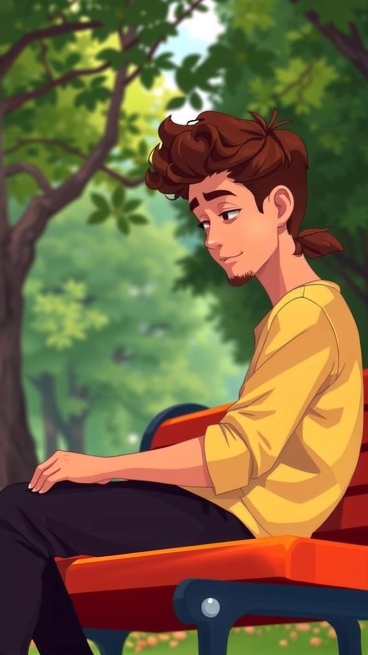 Subject: A reflective figure sitting on a park bench. Subject movement: The figure is stationary, gazing thoughtfully at the ground. Scene: A serene park setting with lush green trees enveloping the bench. Style: Soft, dappled sunlight filtering through the foliage creates a calm and inviting atmosphere. Motion: The camera gently pushes in from a distance, gradually focusing on the contemplative figure, while the surrounding trees sway gently with a light breeze.