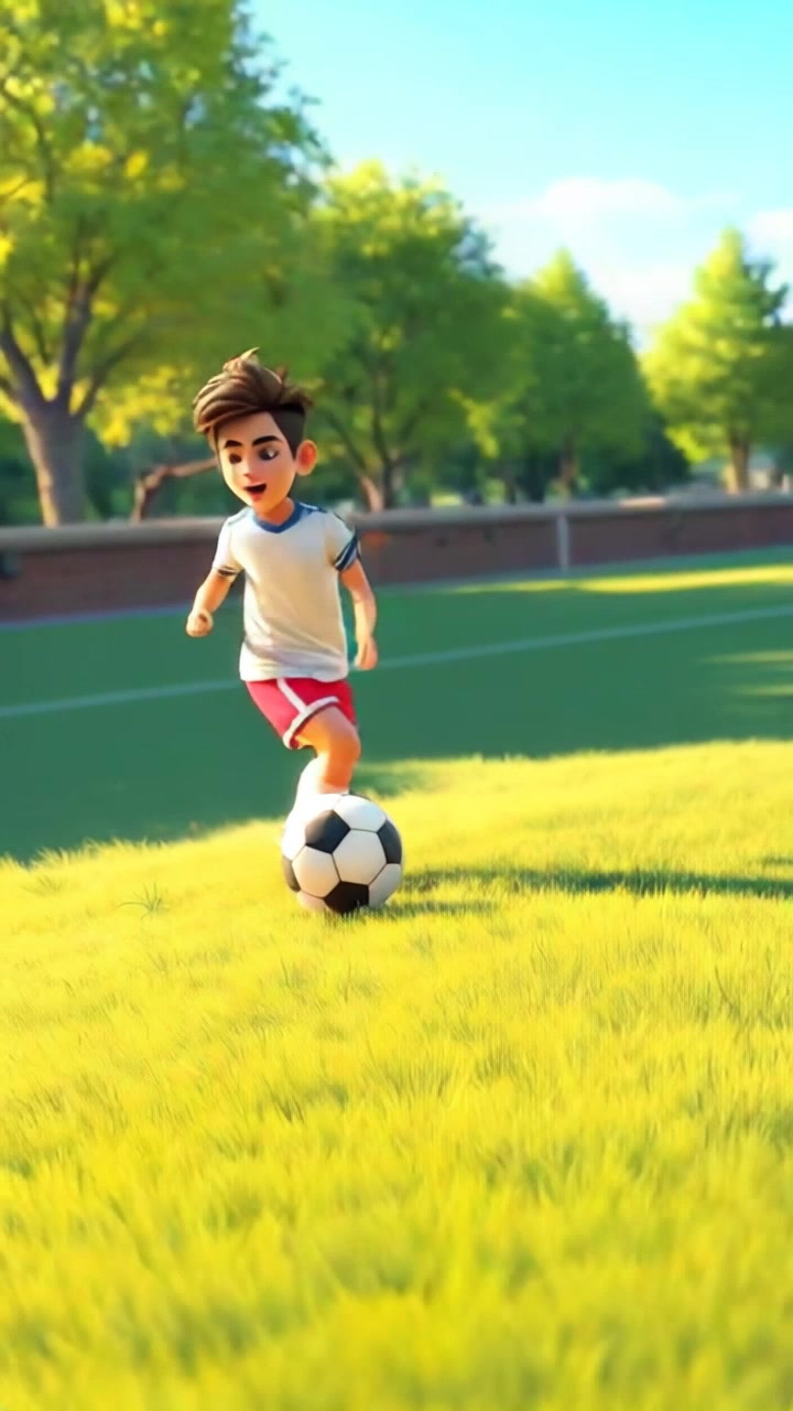 Subject: A young athlete practicing soccer. Subject movement: Mateo is poised and skillfully striking the ball towards the goal, showcasing an enthusiastic follow-through. Scene: Grassy soccer field under a bright blue sky, bordered by distant trees swaying gently in the breeze. Style: Bright, midday lighting illuminating the scene vibrantly, casting defined shadows on the field. Motion: Camera captures a dynamic tracking shot as Mateo runs toward the ball, pivoting to follow the trajectory of the kick, enhancing the sense of motion and excitement.
