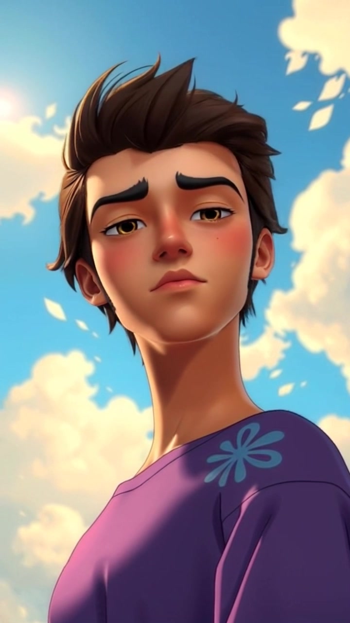 Scene: A serene landscape with a vibrant, blue sky filled with fluffy white clouds. Leo stands peacefully, gazing upwards, embodying a deep connection with nature. Style: Bright, daylight lighting enhances the freshness of the scene. Motion: The camera slowly pushes in on Leo, capturing his contemplative expression as the clouds gently drift by overhead, creating a tranquil and inviting atmosphere.