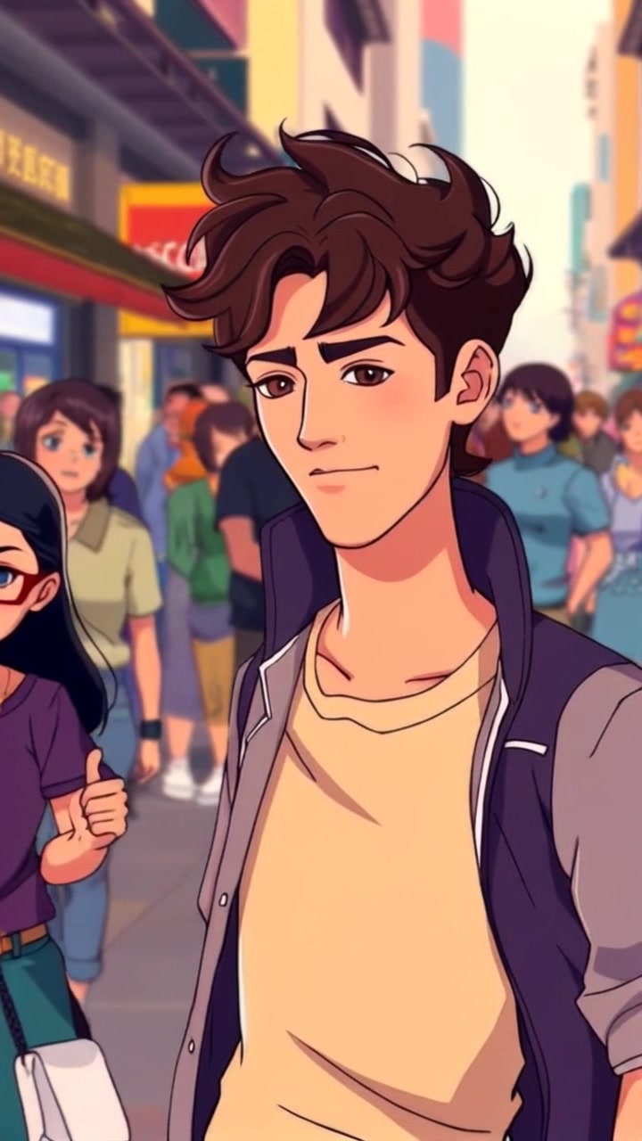 Subject: A young man named Mateo walking through a bustling city street. Subject movement: Mateo strolls purposefully with a distant expression, navigating through the crowd of diverse pedestrians. Scene: A vibrant, crowded city street, filled with people of various backgrounds and colorful storefronts. Style: Bright daylight illuminating the scene, enhancing the variety of hues and activity. Motion: Camera follows Mateo in a dynamic tracking shot, weaving through the crowd, capturing the energy of the urban environment.