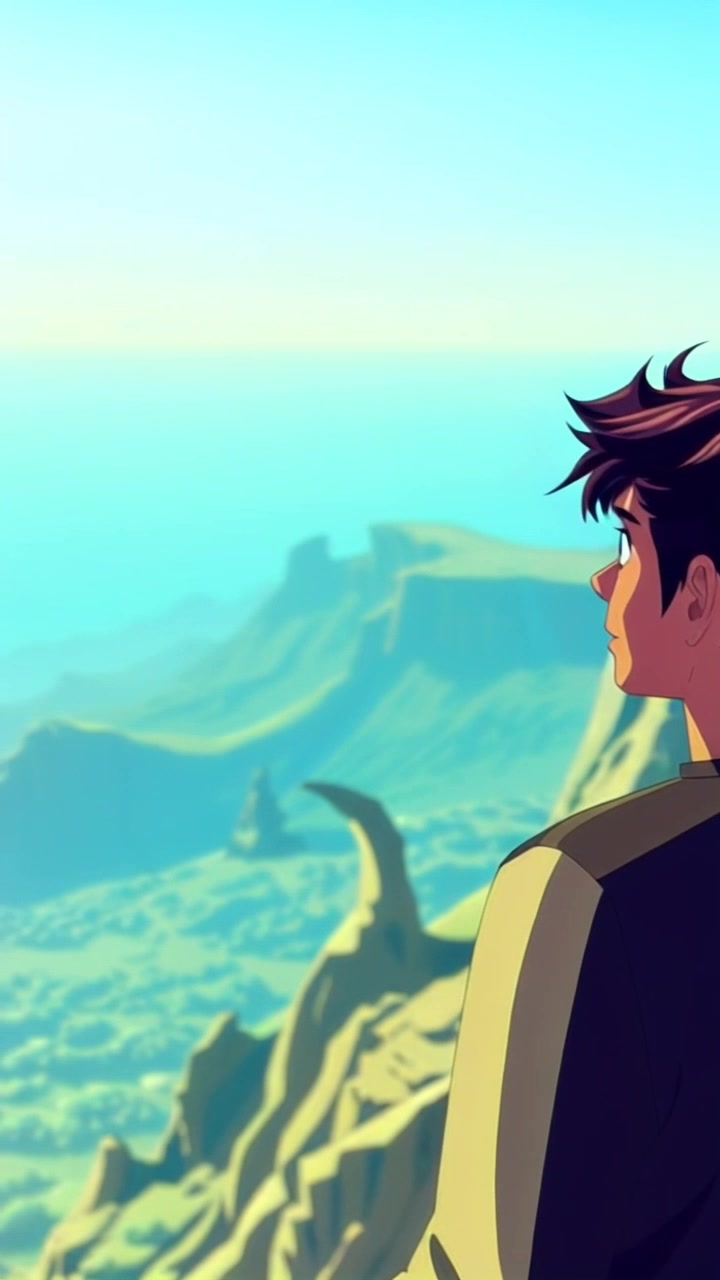 Subject: A person standing at the edge of a cliff, gazing at a vast horizon. Subject movement: The person takes a deep breath, their hair gently swaying in the wind. Scene: A breathtaking cliffside with a panoramic view of the ocean and distant mountains under a bright blue sky. Style: Bright, midday light illuminating the scene, emphasizing the open horizon. Motion: The camera starts with a close-up of the person’s contemplative expression before smoothly panning out to reveal the stunning landscape behind them.