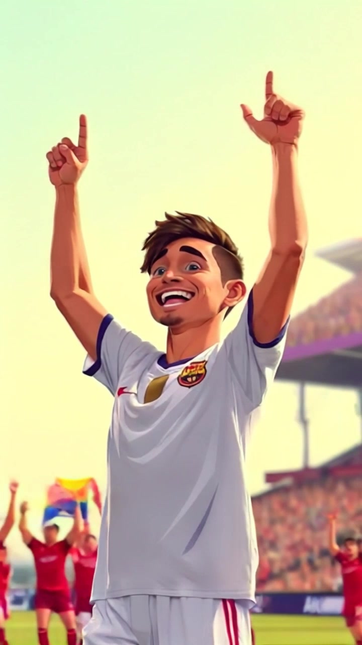 Subject: Mateo celebrating in a vibrant soccer field. Subject movement: Mateo raises his arms high in triumph, while the crowd around him cheers enthusiastically. Scene: A lively soccer field filled with fans, banners waving, and a clear blue sky overhead. Style: Bright daylight, capturing the energy of the celebration. Motion: The camera performs a dramatic panning shot around Mateo, showcasing his joyful expression and the ecstatic crowd, creating a dynamic sense of celebration.