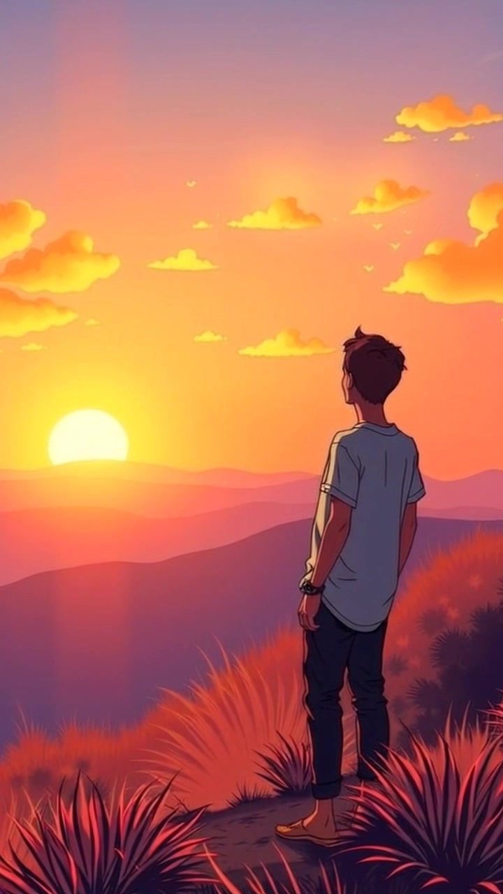 Subject: A person standing atop a hill. Subject movement: The person gazes hopefully towards the horizon, gently swaying with the soft breeze. Scene: Hill overlooking a vast landscape bathed in the vibrant hues of sunset, with distant mountains silhouetted against the colorful sky. Style: Warm, inviting sunset light casting a golden glow over the scene, enhancing the feelings of hope and possibility. Motion: The camera slowly pushes in, capturing the person in profile as they reflect on the breathtaking view, the colors of the sky changing dynamically.
