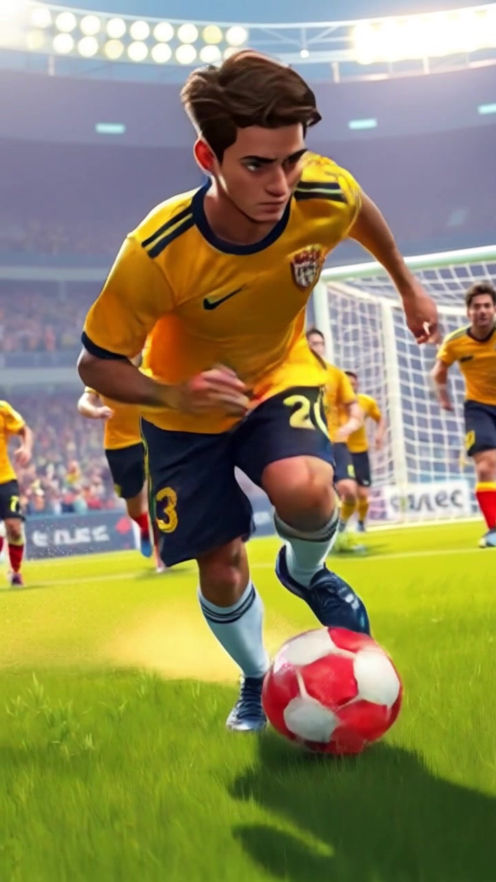 Subject: A skilled athlete dribbling a soccer ball with intense focus. Subject movement: The athlete sprints towards the goal, deftly maneuvering around defenders who are hot on his heels. Scene: A vibrant soccer field lively with spectators in the background, clutching banners and cheering. Style: Bright afternoon lighting casts dynamic shadows on the grass, creating an energetic atmosphere. Motion: The camera follows a dynamic tracking shot, sweeping low and close to capture each agile movement as the athlete pushes forward, with defenders struggling to keep pace.