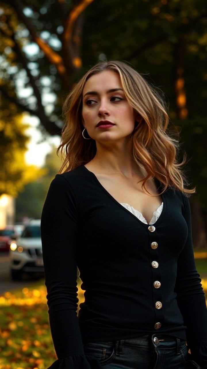 Subject: A person standing in a sunlit park. Subject movement: The individual gazes thoughtfully into the distance, a gentle breeze causes their hair to sway lightly. Scene: A vibrant park setting filled with green trees and dappled sunlight filtering through the leaves. Style: Warm, afternoon light creating inviting shadows on the grass. Motion: The camera slowly pushes in, capturing the contemplative expression of the person while maintaining the lush backdrop.