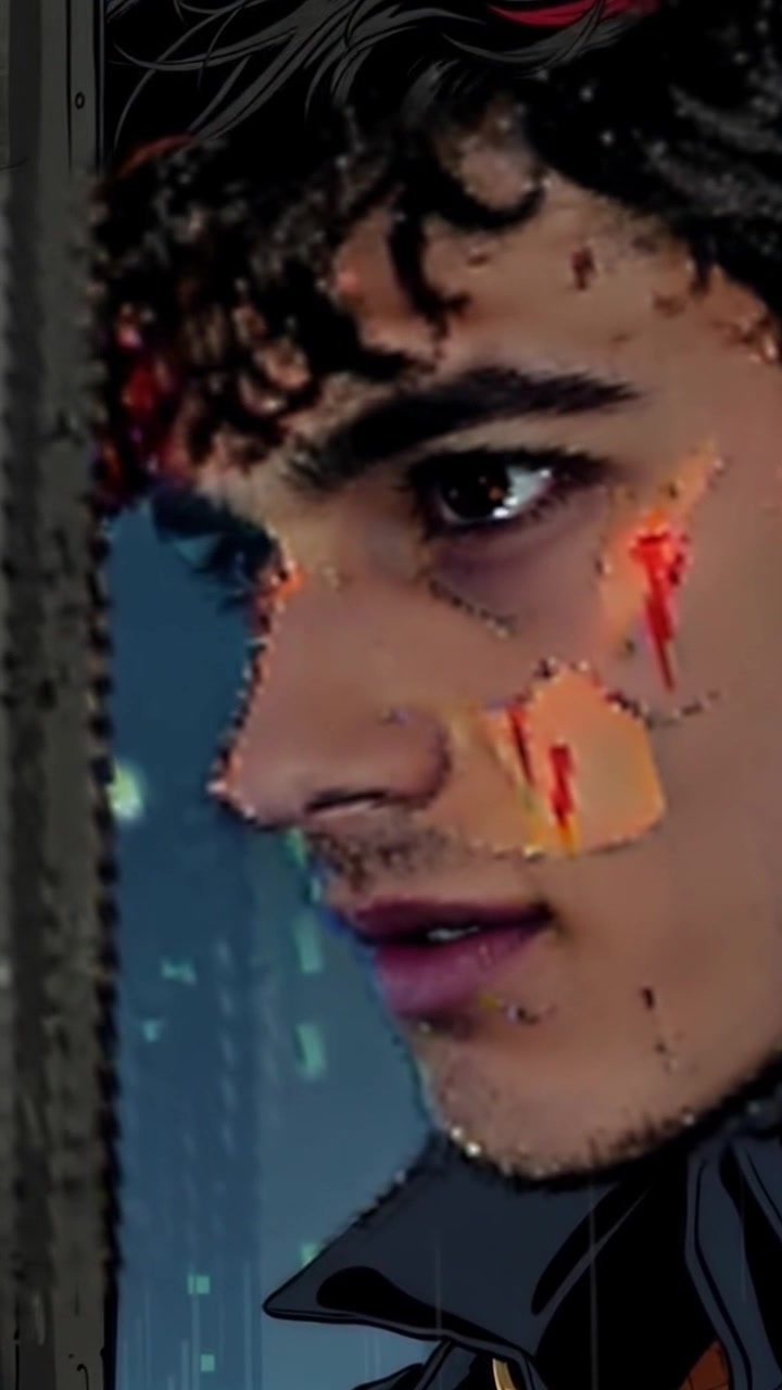 Subject: A young man named Mateo, closely examining his distorted reflection in a mirror. Subject movement: Mateo's expression shifts from confusion to concern as he leans closer, his features warping alongside the reflections. Scene: Intimate setting, a dimly lit room with a vintage mirror reflecting surreal, swirling patterns. Style: Soft, ambient lighting creating a mysterious atmosphere. Motion: The camera slowly pushes in on Mateo's face, capturing the depth of his confusion while maintaining focus on the mirror's bizarre distortions.