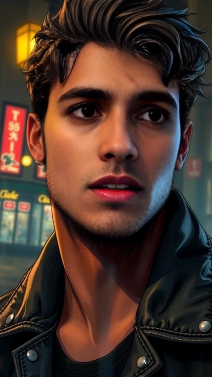Subject: A young man's startled face as he suddenly hears footsteps behind him. Subject movement: His eyes widen in surprise, and he turns his head quickly to seek the source of the sound. Scene: A dimly lit alleyway with shadowy figures in the background, adding tension to the moment. Style: Low-key lighting accentuates the contours of his face, creating a dramatic atmosphere. Motion: The camera starts with a close-up of his face, then rapidly pans to reveal the shadowy surroundings, amplifying the sense of urgency.