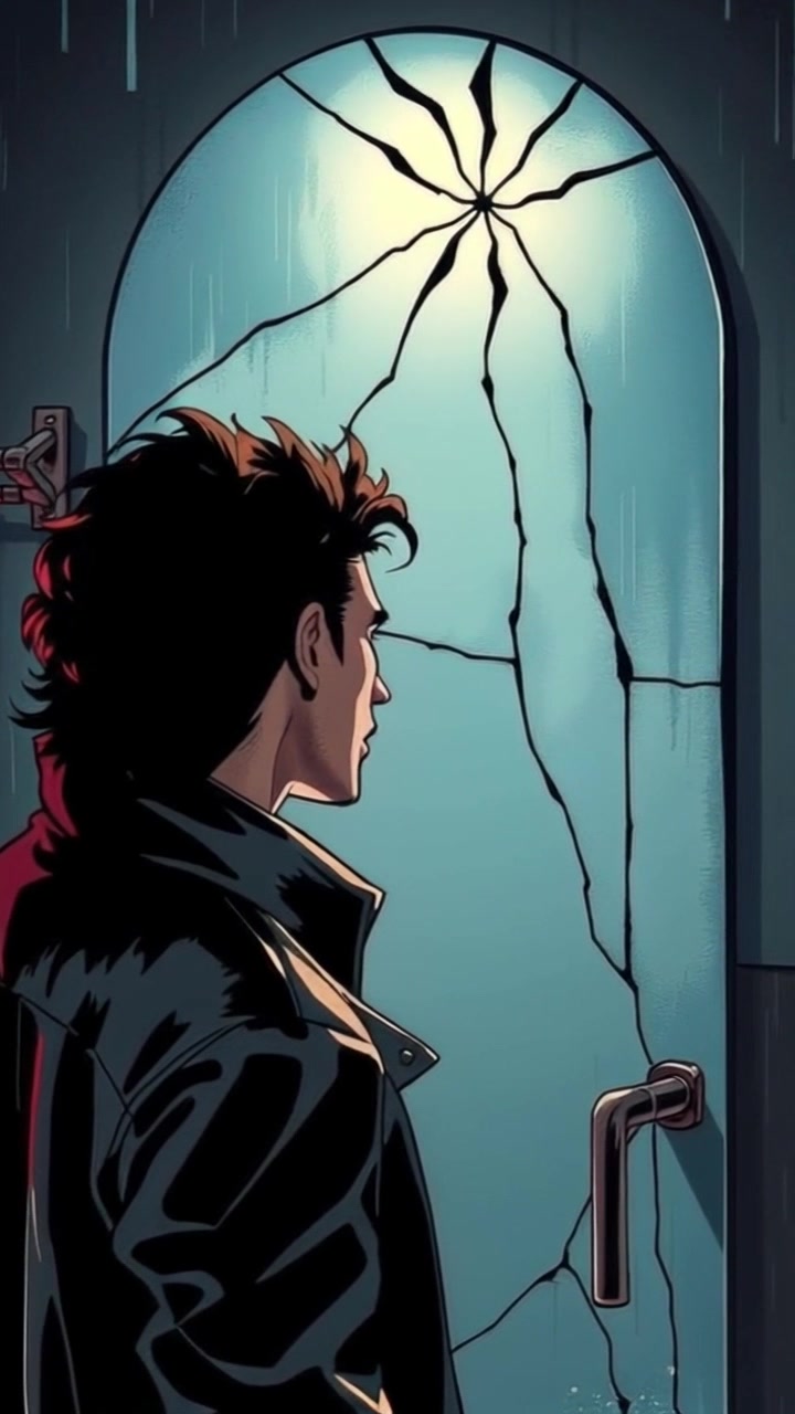 Scene: A dimly lit bathroom featuring a cracked mirror, with shadows dancing across the tiled floor. Style: Soft, ambient lighting enhancing the eerie atmosphere with a hint of suspense. Motion: The camera slowly pushes in toward the mirror, capturing the reflections and subtle distortions, creating an intimate yet unsettling feeling in the space.