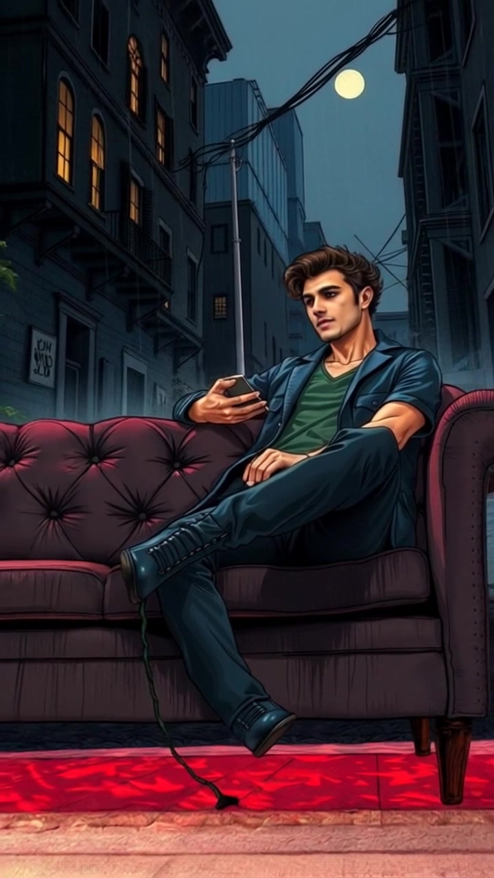 Subject: Mateo lounging on a cozy couch, casually scrolling through his phone. Subject movement: Mateo shifts slightly, adjusting his position while glancing at his phone screen. Scene: A warm and inviting living room filled with soft lighting and comfortable decor, creating a relaxed atmosphere. Motion: The camera gently pushes in from a wide angle, capturing the homely details of the space while maintaining focus on Mateo.
